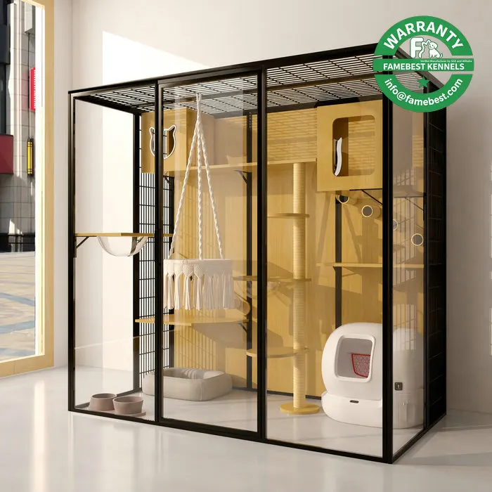 All-Season Ventilated Cat Mansion Black Aluminum Alloy Frame Tempered Glass Cat House Custom Size For All Cat Breeds